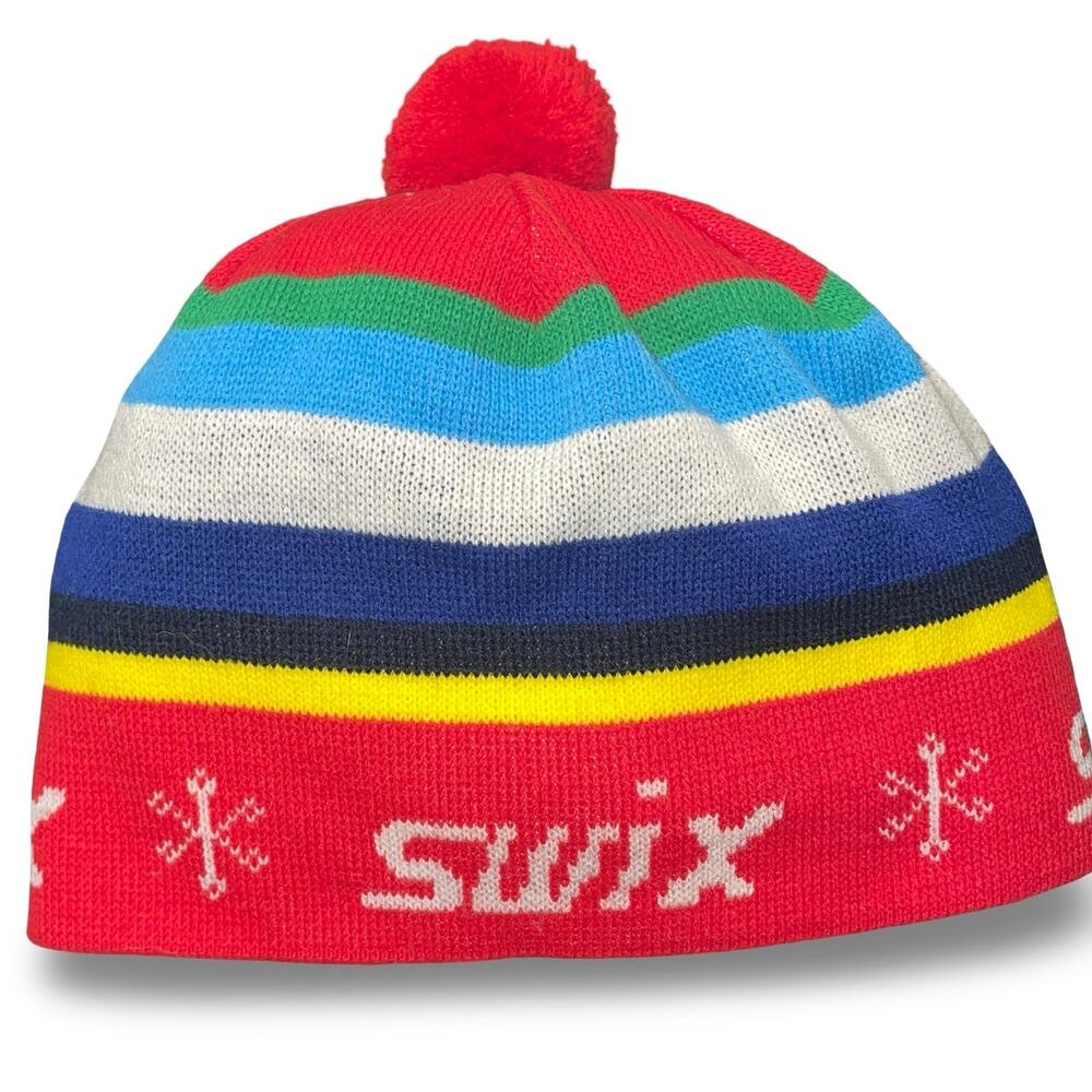 Swix Gunde Beanie Hat Red Striped Pom Knit Ski Winter Retro Nordic Unisex OS